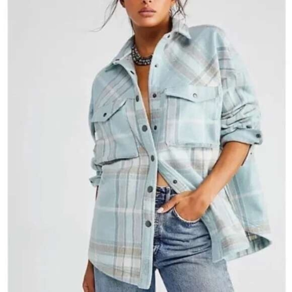 We The Free Oversized Plaid Cabin Point Shirt Jacket With Cozy Side Pockets